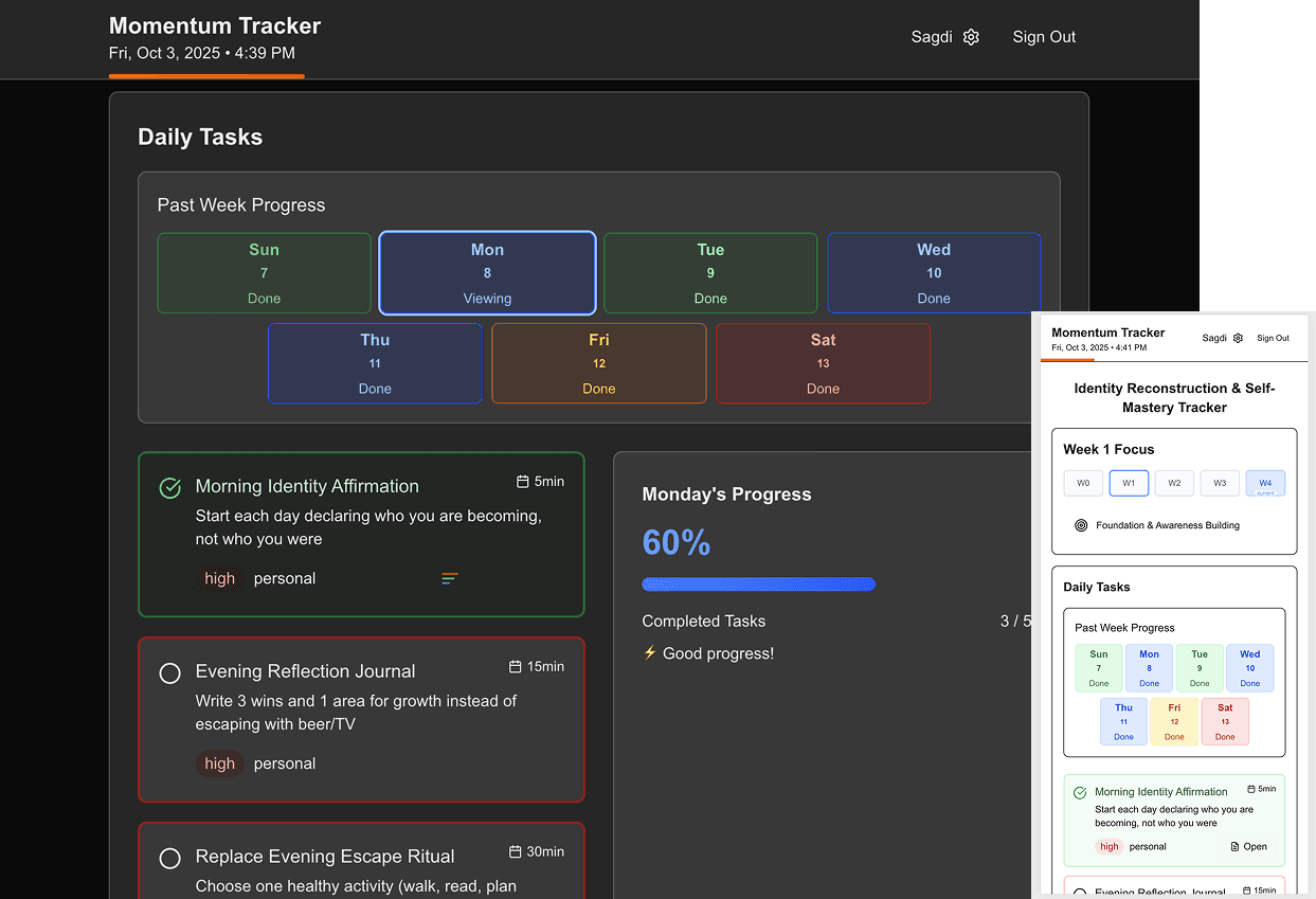 PilotYourself app interface showing AI-powered goal analysis and tracking features
